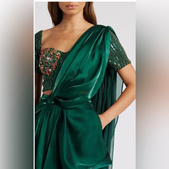 Sani Adya Drape Saree - Emerald size XS retail $598.00 new Indian Wedding Lengha - Picture 3 of 8